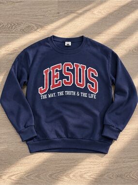 Jesus Christian Navy Graphic Crewneck Sweatshirt – Size S UNISEX